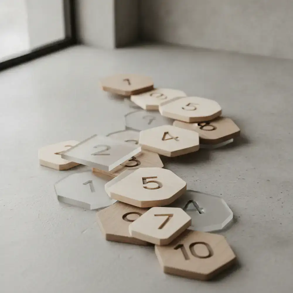 Abstract numbered game tiles overlapping in a connected sequence
