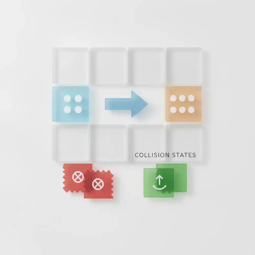 Diagram showing merge logic and tile collision states on a minimal grid