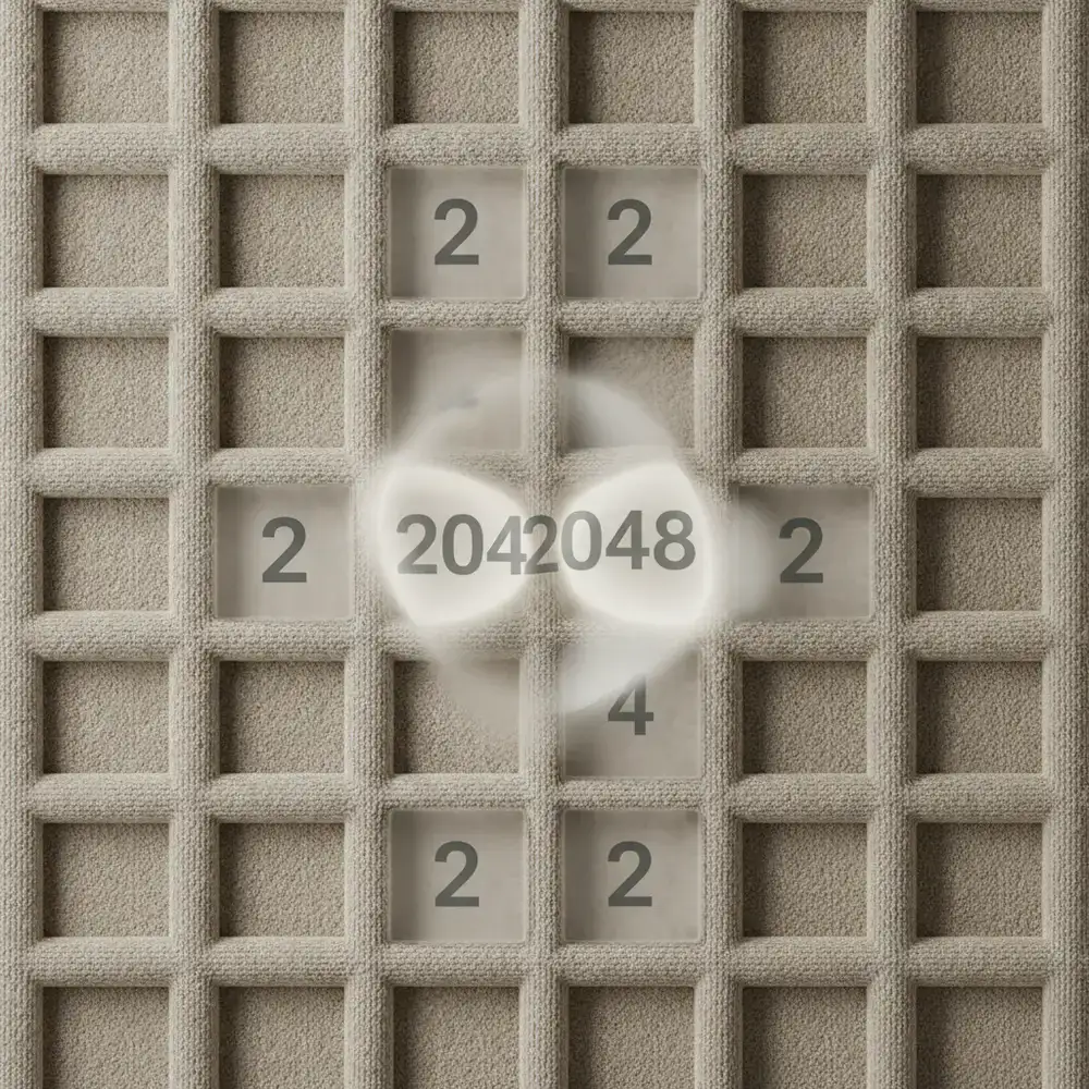 Abstract visualization of numbered tiles merging on a soft beige grid