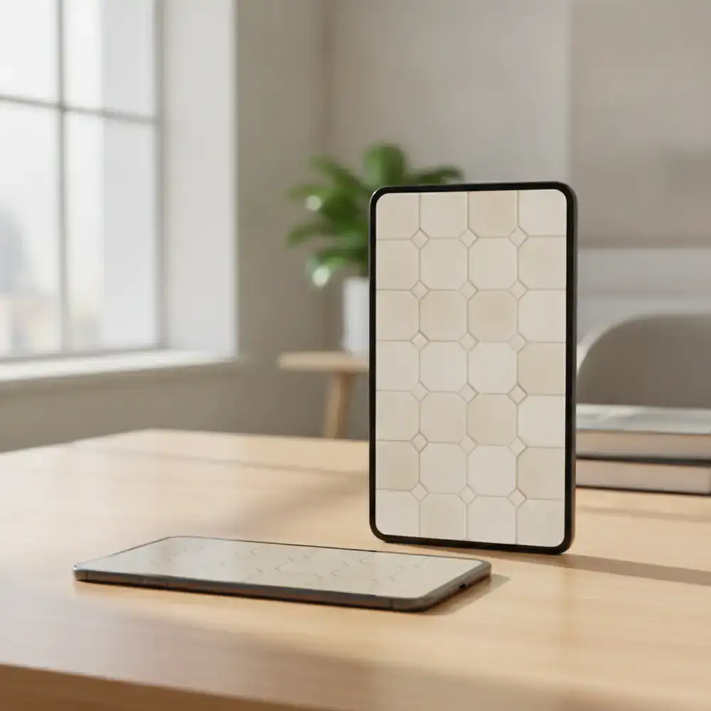 TileMerge soft beige grid displayed on a phone and tablet
