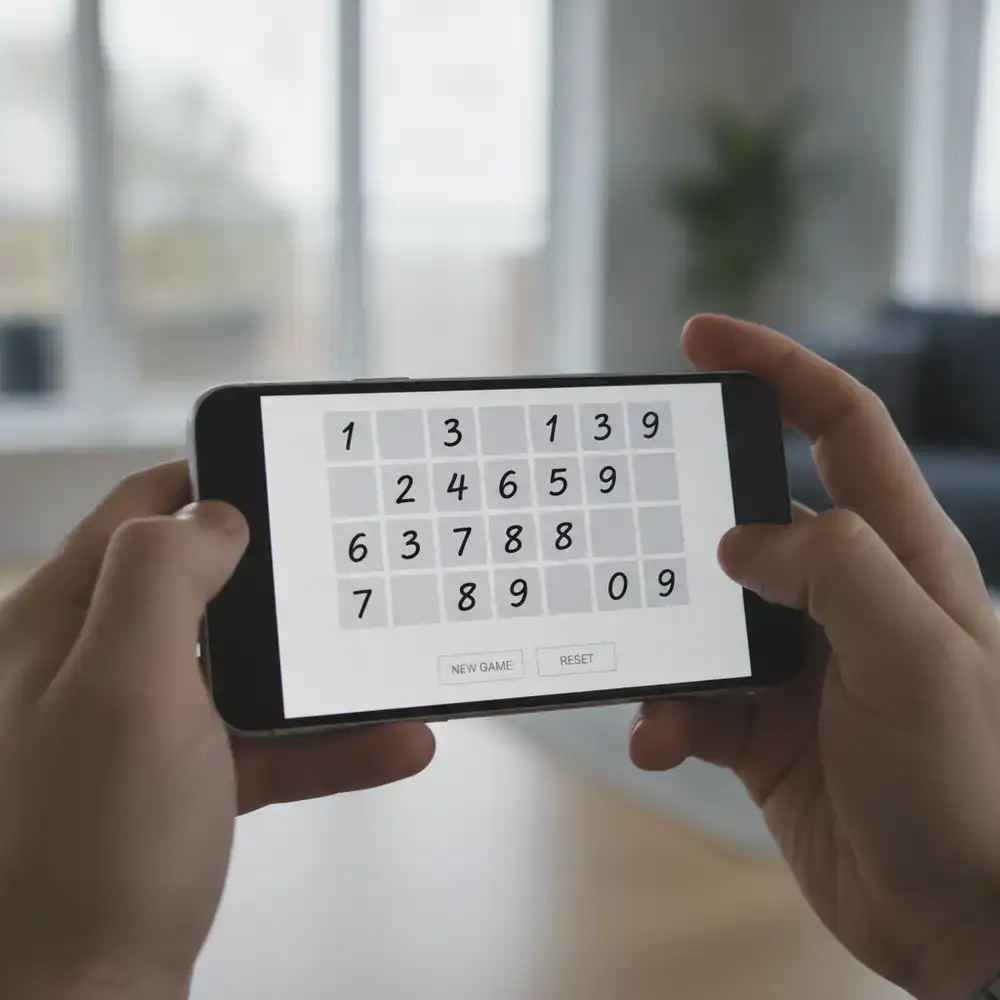 Player holding a phone showing early build of the number puzzle game